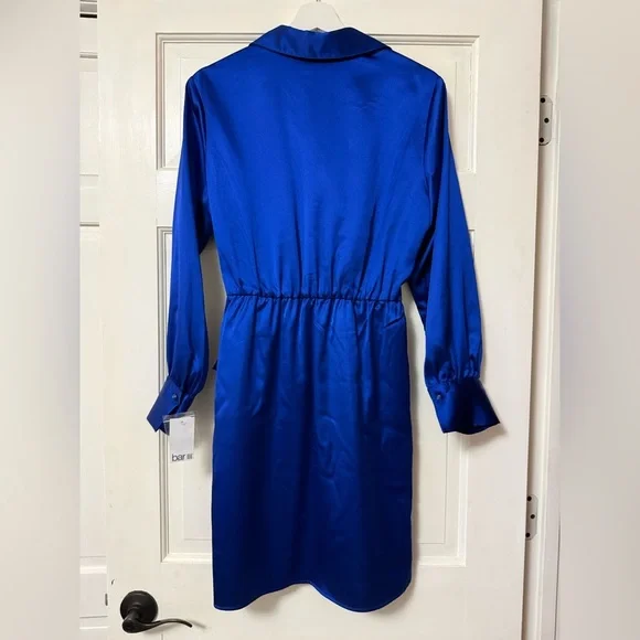 NWT Bar III Royal Blue Satin Long Sleeve Wrap Dress Career Cocktail Event - Picture 2 of 10